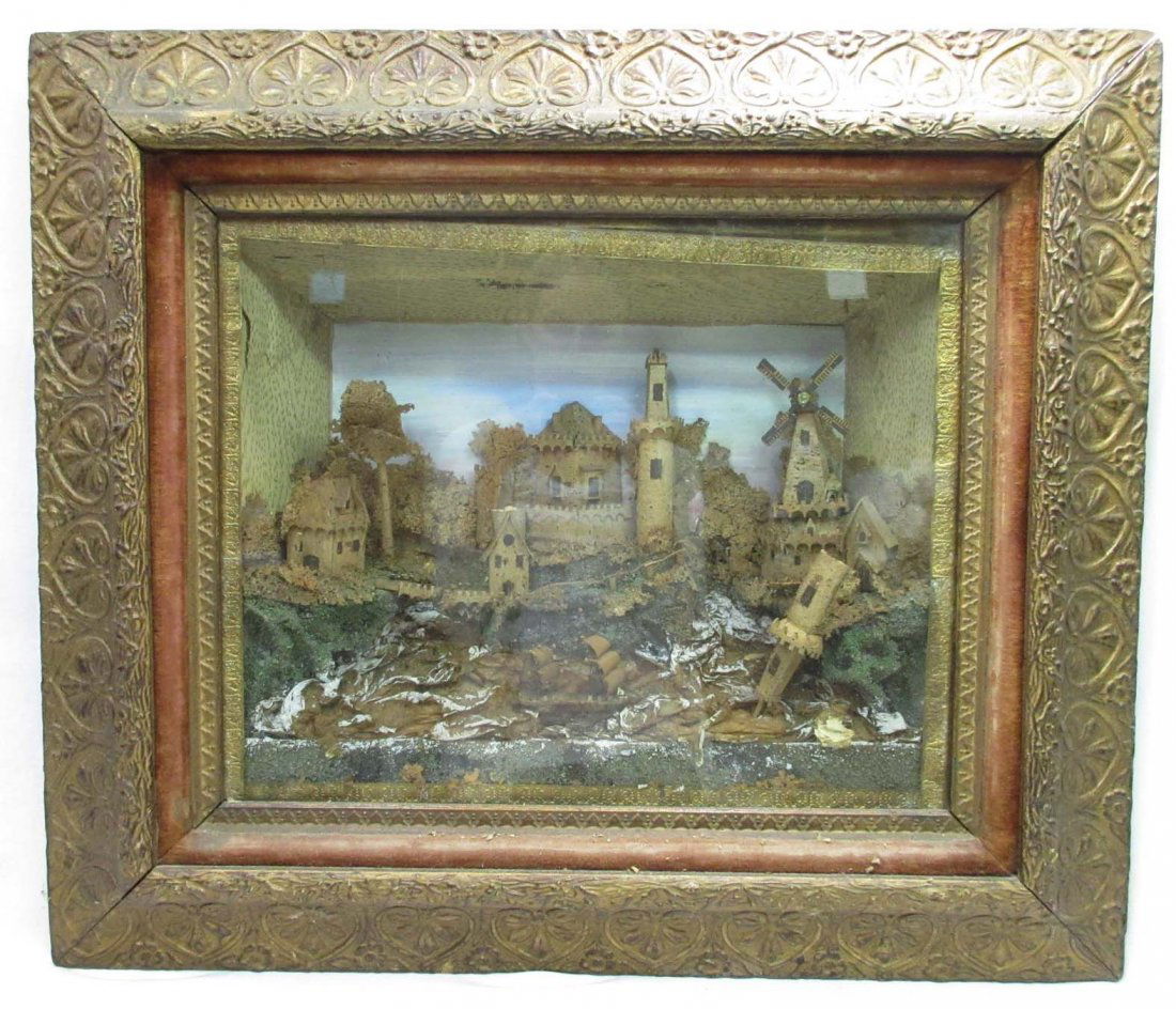 Vict. Carved Cork Diorama: 29 1/2" x 25" Frame 5 1/2"D