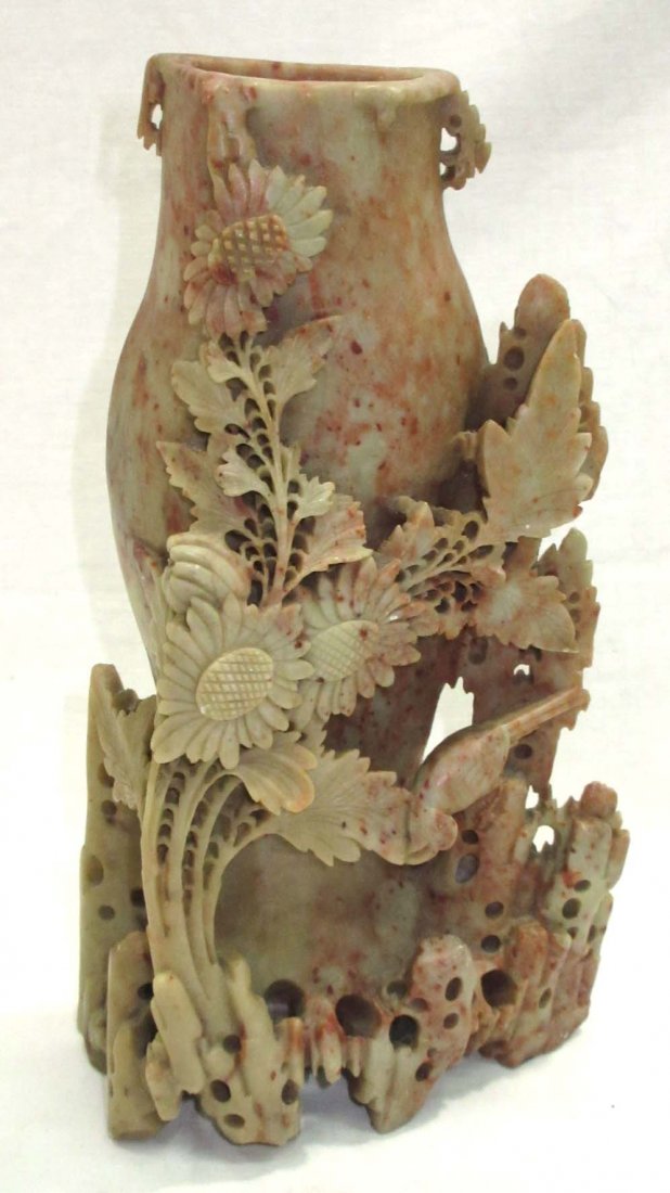 Vict. Soapstone Caved Vase: Birds, Flowers, Foliage 9 1/4"T x 5 1/4"W x 2 1/2"D