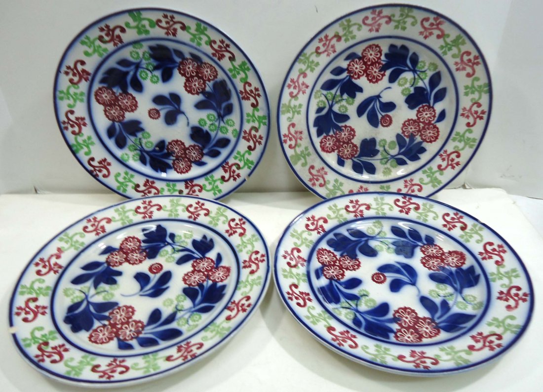 4 Polychrome Flow Blue Plates 1800's (1 of 7)