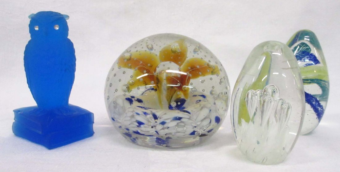 4 Paperweights: 3 1/2"T Owl, 3 1/4"T Egg shape, 3"T