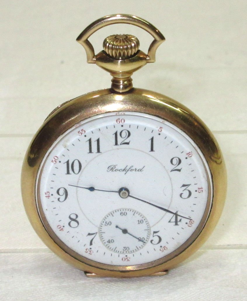 Rockford Iroquois 17J Pocket Watch: Dbl Roller, 12 Sz, S/N 813439, 14K GF, Running, We do not guarantee working order of watches