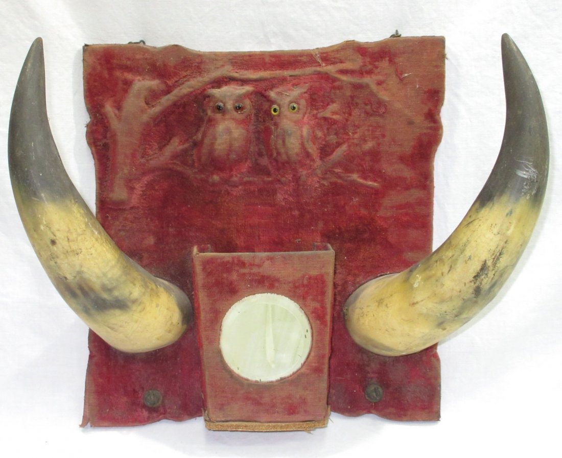 Victorian Horn Wall Rack W/ Owls: 12" T x 13 1/2" W x 5 1/2" Velvet Covered , Owls Have Glass Eyes