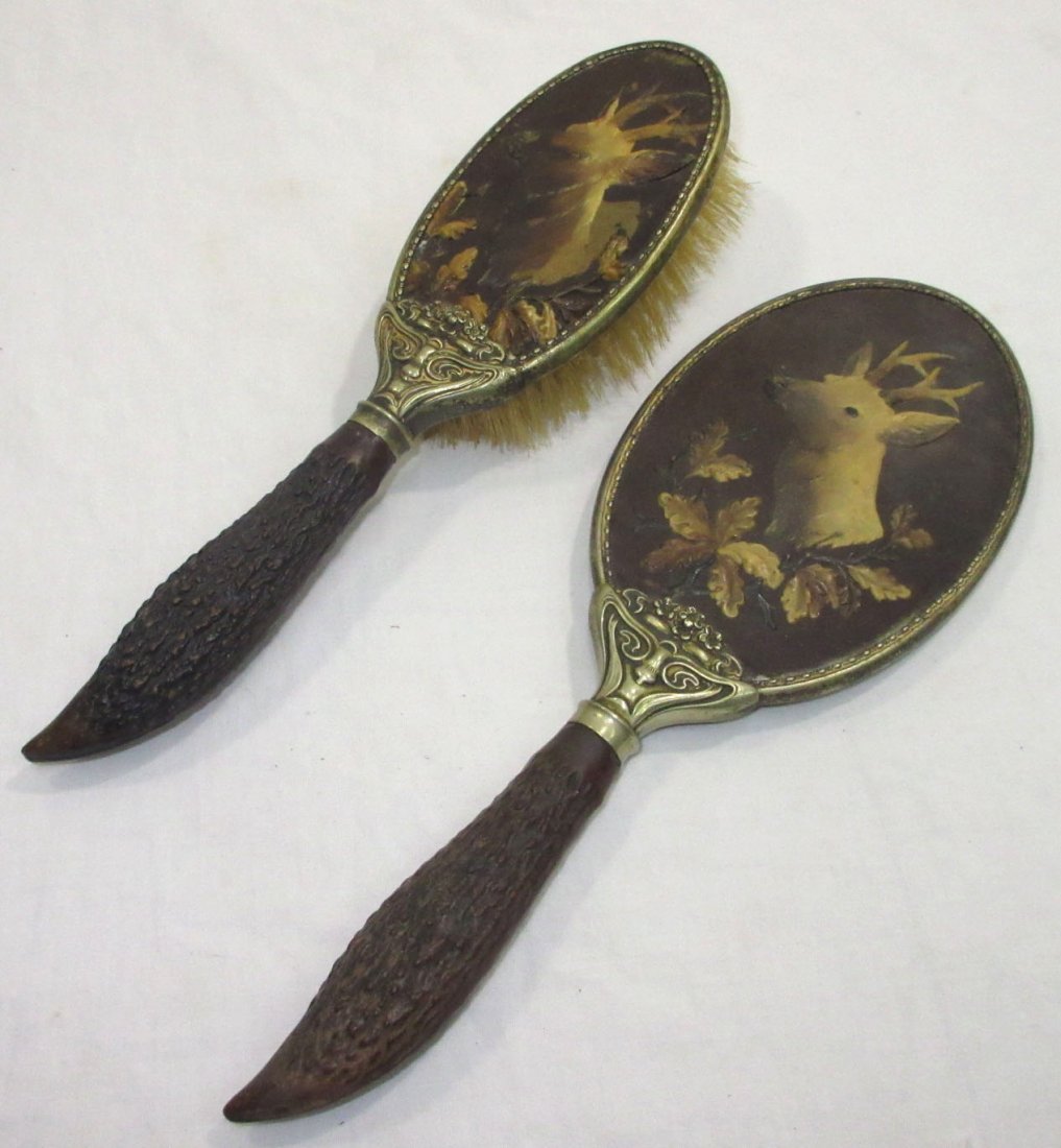 Celluloid Stag's Head Mirror& Brush: Mirror-10 1/2" x 3 3/4" Brush- 9 1/2" x 2 1/2"