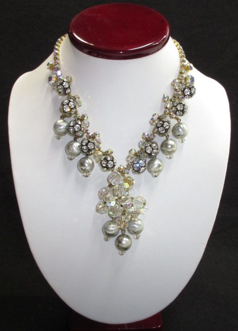 Vtg D&E Juliana Book Pc Rondelle AB Dangle Neck: 15 1/2" Beautiful, Dangle Bead Necklace Made Up of Silver Beads (Rhinestone Head Pins), AB Crystal Beads, Rhinestone Rondelles & Clear Chatons. Seen on page 2324 of Ann Pitman's Juliana Jew. Ref. Guid