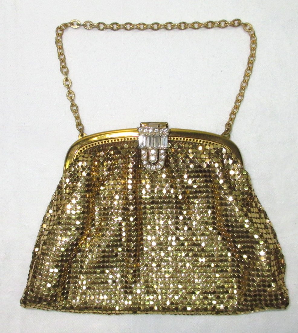 Vtg. Whiting & Davis Armor Mesh Pouch Bag: Lovely 6" x 4 1/2" Satin Lined Armor Mesh Pouch Bag w/ Beautiful Clear Baguette & Chaton Clasp with Ornate Stamped 4" Chain Drop. Whiting & Davis Tag. Goldtone.