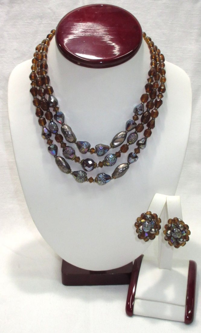 Triple Strand Chocolate Carnival Gls Necklace Set (1 of 7)