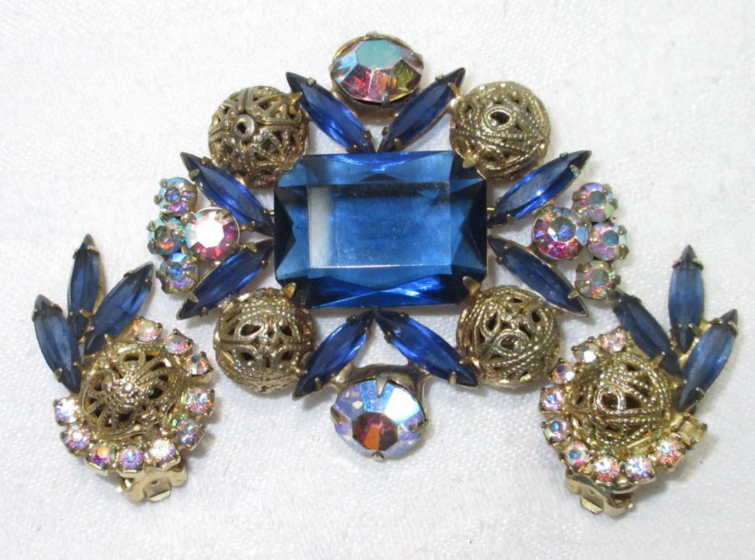 Bold Blue Beauty D&E Book Pc Juliana Pin Set: 2 1/4" x 2" Sapphire Emerald Cut Glass 25mm Center Stone Surrounded by Brass Filigree Balls & Aurora Borealis Chatons. 1962. With Matching 1 1/4" Clip Earrings. Seen in Ann Pitman's Juliana Jew. Ref. 