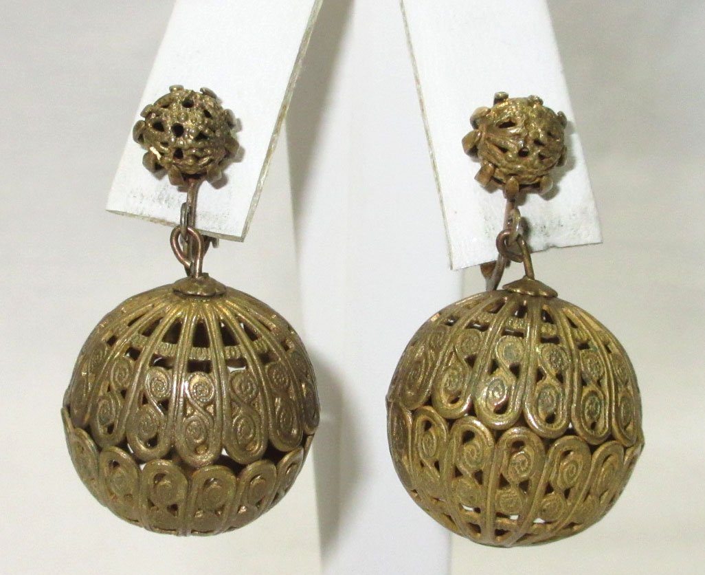 Miriam Haskell Egyptian Revival Ball Earrings: 1 1/2" Large 22mm Filigree Ball Earrings w/ Lever Screw Back. Sgnd Miriam Haskell