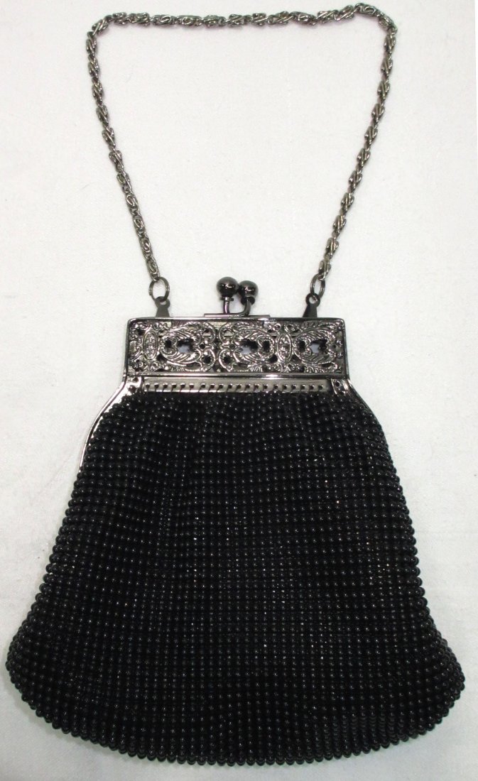 Glorious Whiting & Davis Black Beadlite Purse: 6" x 6" Perfect Condition, Stamped & Tagged Whiting & Davis Black Beadlite Deeply Blued, Hematite Like Openwork Framed Purse with 6 1/4" Drop