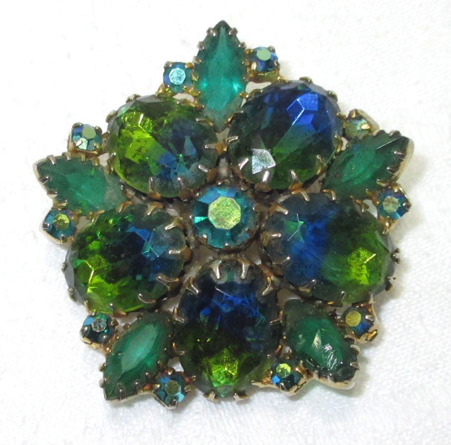 Undulating Claw Set Blue/Green Regency Style Pin: Intriguing, Claw Set Undulating Givre Blue & Green Oval Art Stone brooch with Open Back Green Marquise & Blue AB Chatons.