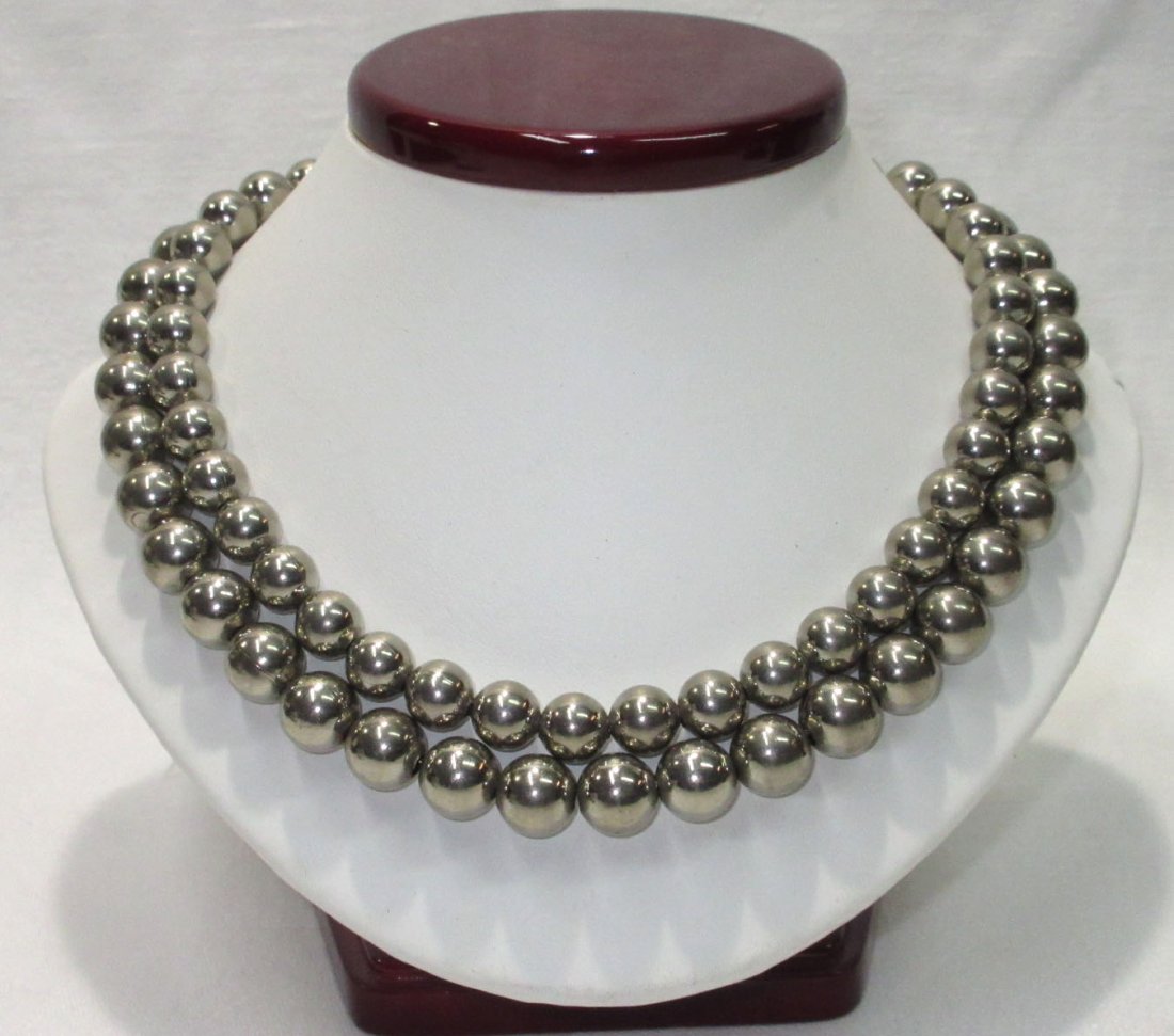 Berger' Silver Bead On Dbl. Chain Necklace: 16"- 2 Strand Heavy Silver Bead Necklace on Chain Necklace with Heavy Foldover Clasp. Mrkd. Bergere'