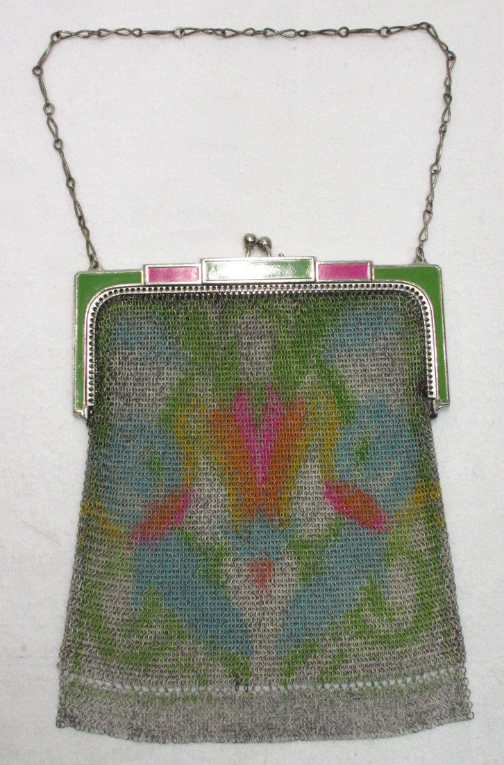 20's-30's Dresden Whiting& Davis Deco Bag: 6" x 5" Watercolor, Velvety Fine ring Mesh Dresden Bag with Pink, Green Enameled Deco Frame with 5 1/2" Drop. Stamped Whiting & Davis.
