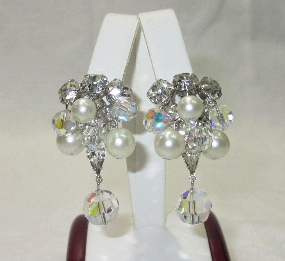 FUN D&E Juliana Vtg AB Ball Earrings: 2" AB Faceted Ball, Faux Pearl & Clear Chaton Dangle Earrings in Silvertone. Un-Usual Back But Verified.