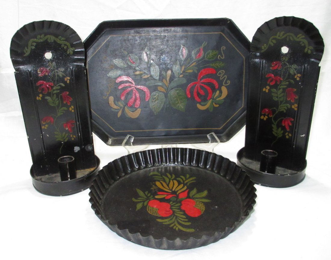 4pc Tole Wear: 9 1/4"W Tin, 12 1/4"W Tray, 9 3/4"T