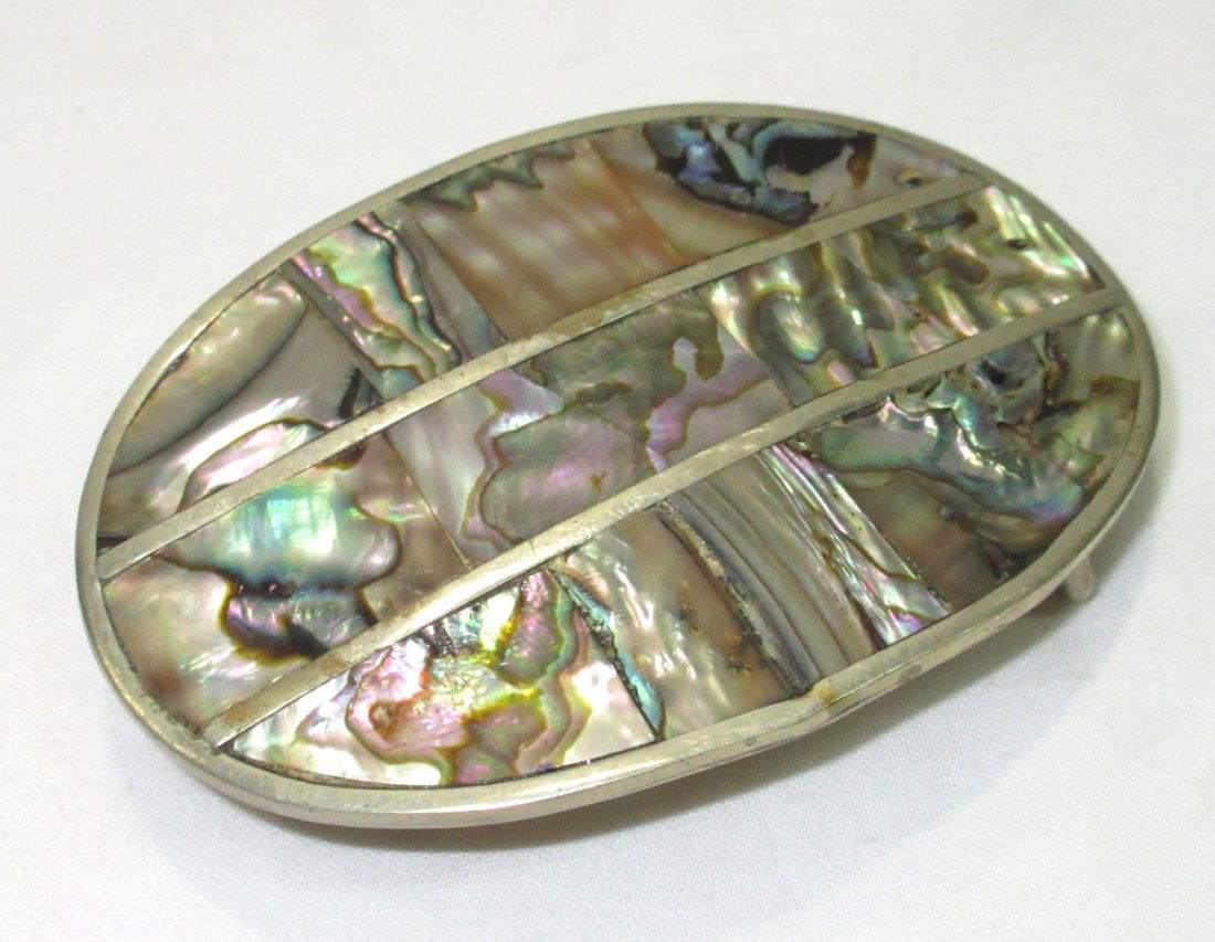 Mexico Silver & Abalone Belt Buckle: 3 1/2" x 2 1/2"