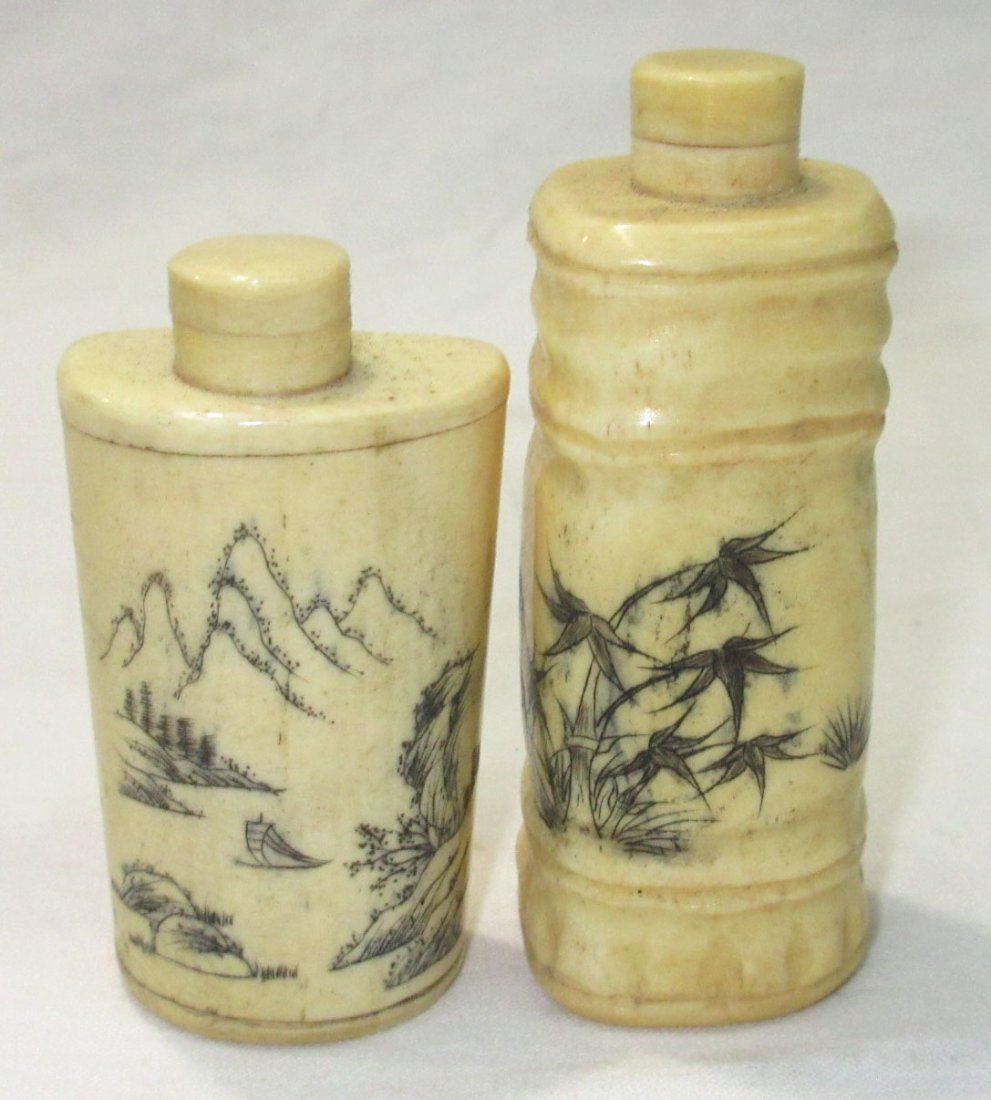 2 Oriental Ox Bone Bottles: 2 1/2"T & 3"T