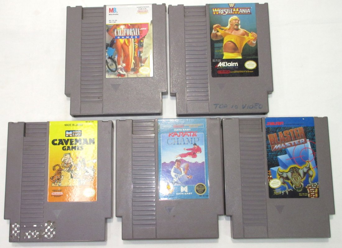 5 Nintendo Games: Wrestle Mania, California Games, Blaster Master, Karate Champ, Caveman Games