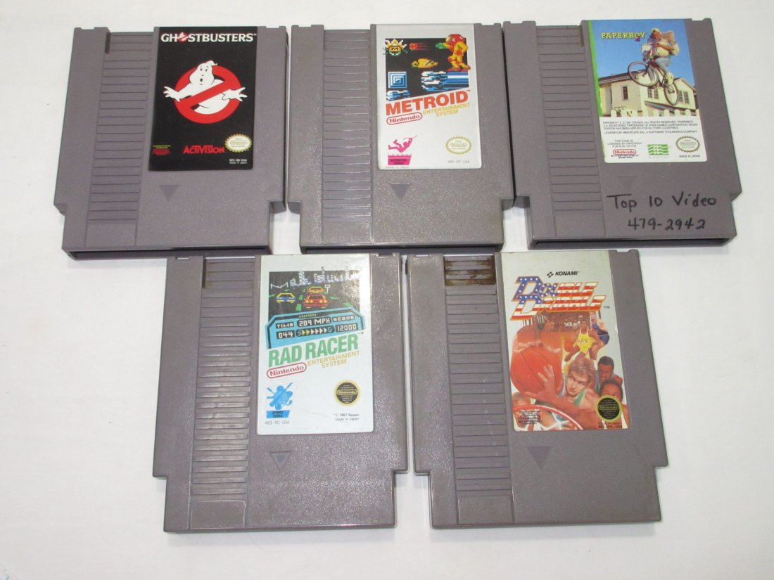 5 Nintendo Games: Ghostbusters, Metroid, Paperbox, 2 Rd Racer, Double Dribble