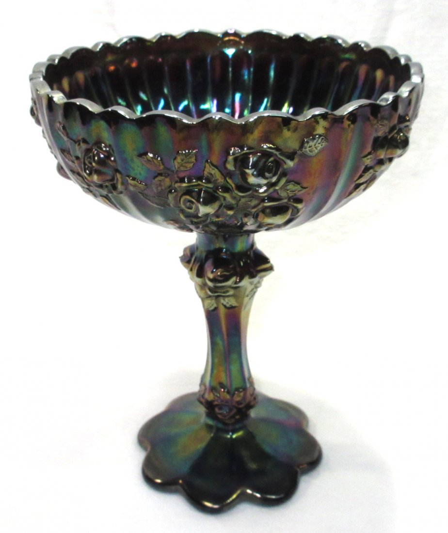 Carnival Glass Compote: 7 3/4" T x 6 1/4" W- Fenton Roses