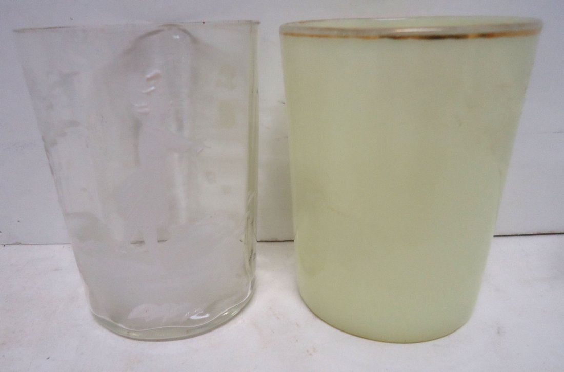 2- Victorian Tumblers: Mary Gregory- 3 1/2" x 2 3/4" , Custard- 3 3/4" x 2 3/4"
