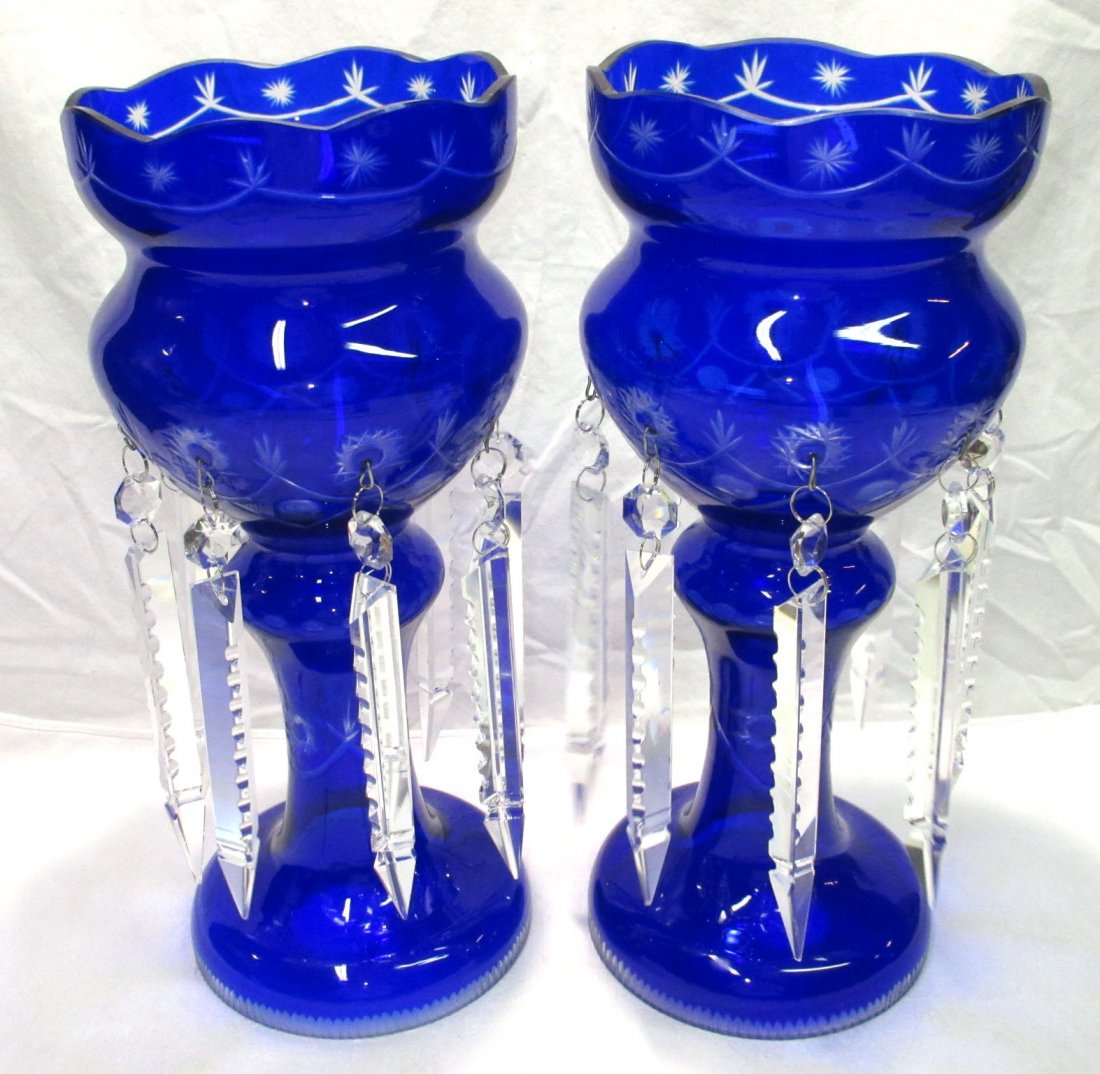 Pr. Cobalt Mantle Lusters: 14 1/2" T x 6 1/4" W