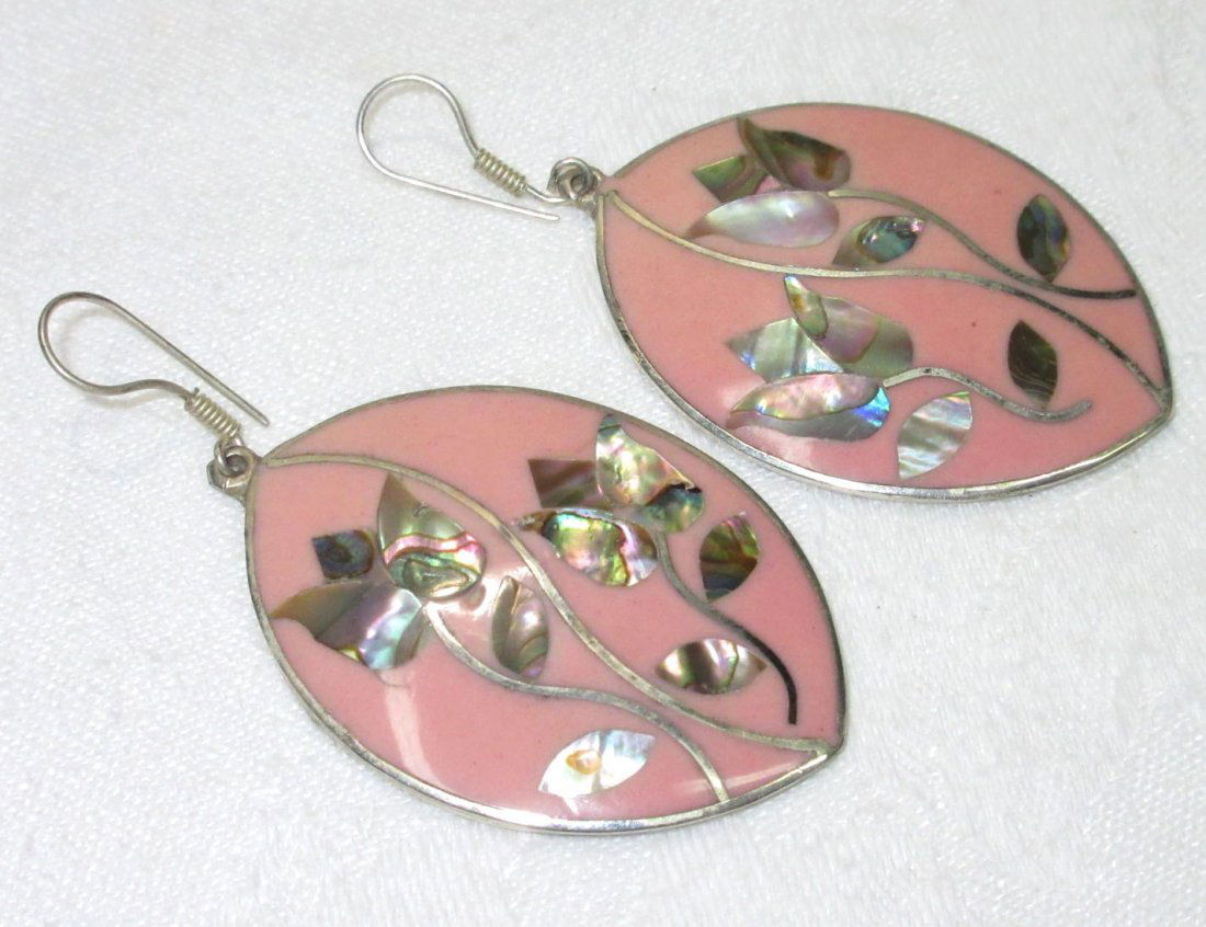 Pr Silver & Abalone Mexican Earrings: 2" x 1 1/4"