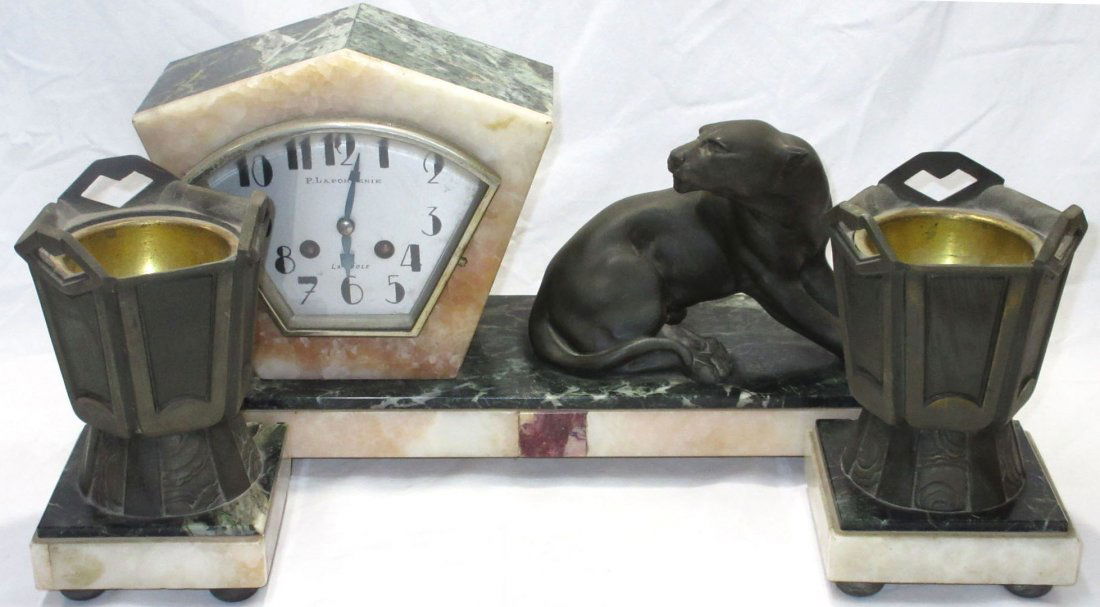 3pc Marble Art Deco Clock Set: 9"T x 18 1/4" x 5"D