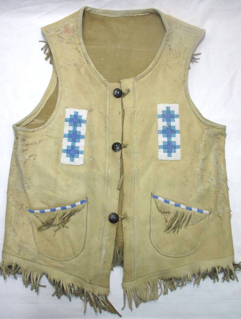 Indian Beaded Buckskin Vest: 25" Long Inc. Fringe