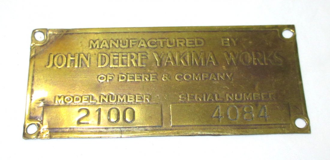John Deere Brass Tag: 3 1/2" x 1 1/2"