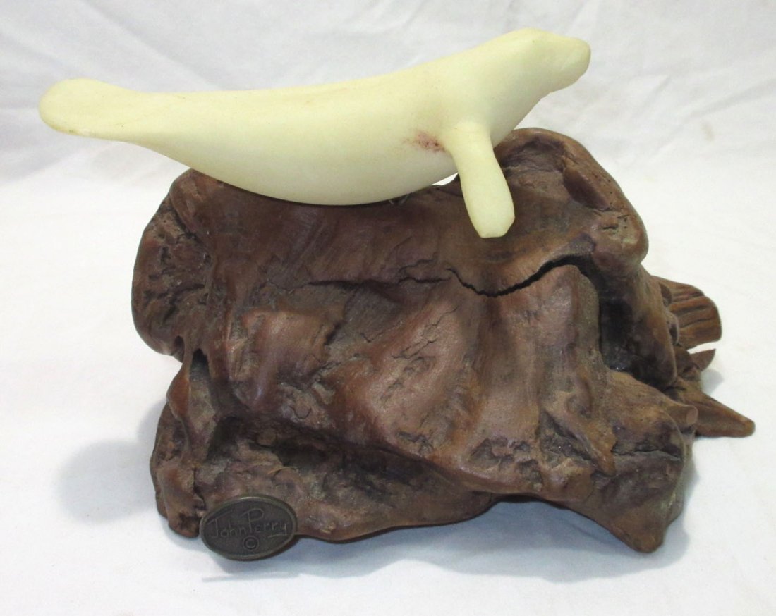 John Perry Manatee on Cypress Figure: 4 1/2"T x 6 1/2" x 5"