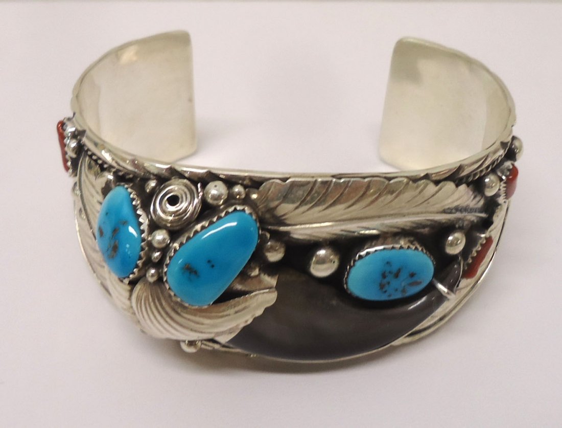 Navajo Sterling Bear Claw, Turquoise, & Coral Bracelet (1 of 5)