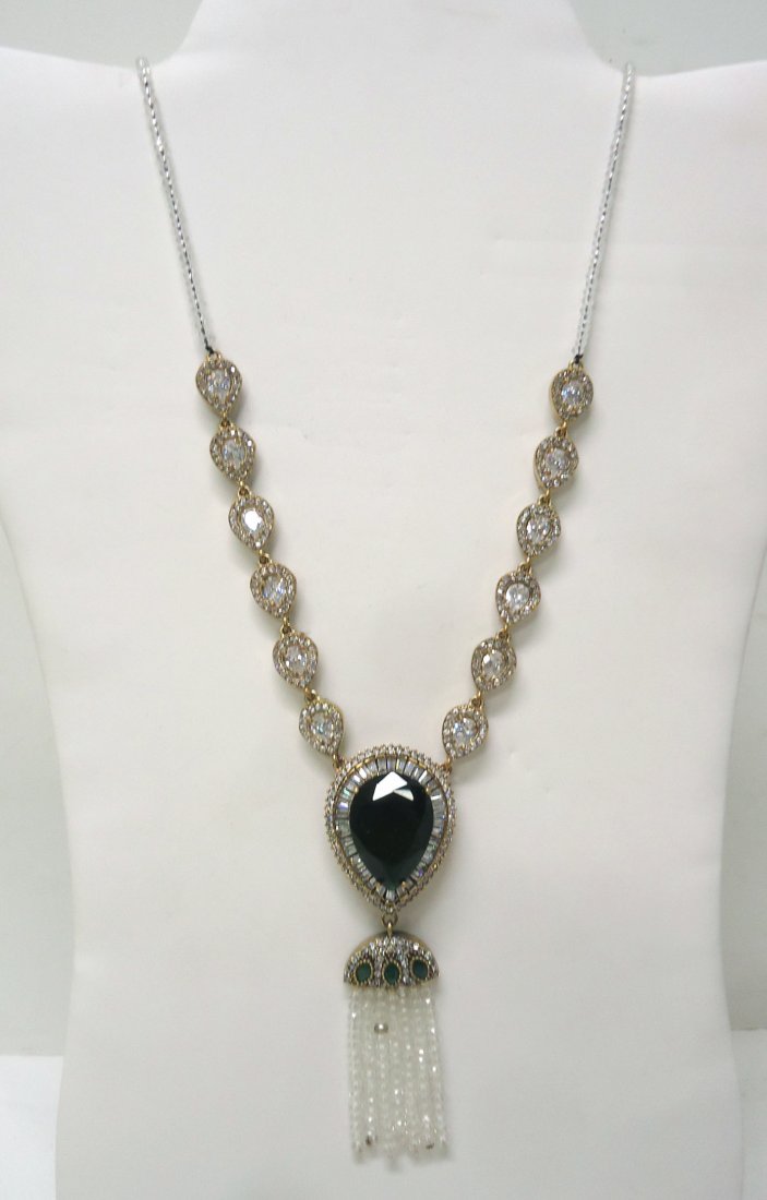 Sterling Emerald & Marcasite Necklace: 30" w/ 3 1/2" drop