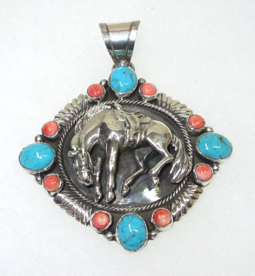 Very Heavy Sterling, Turq., Coral Pendant: Navajo Sgnd Emer Thompson 2 3/4" x 2 1/2"