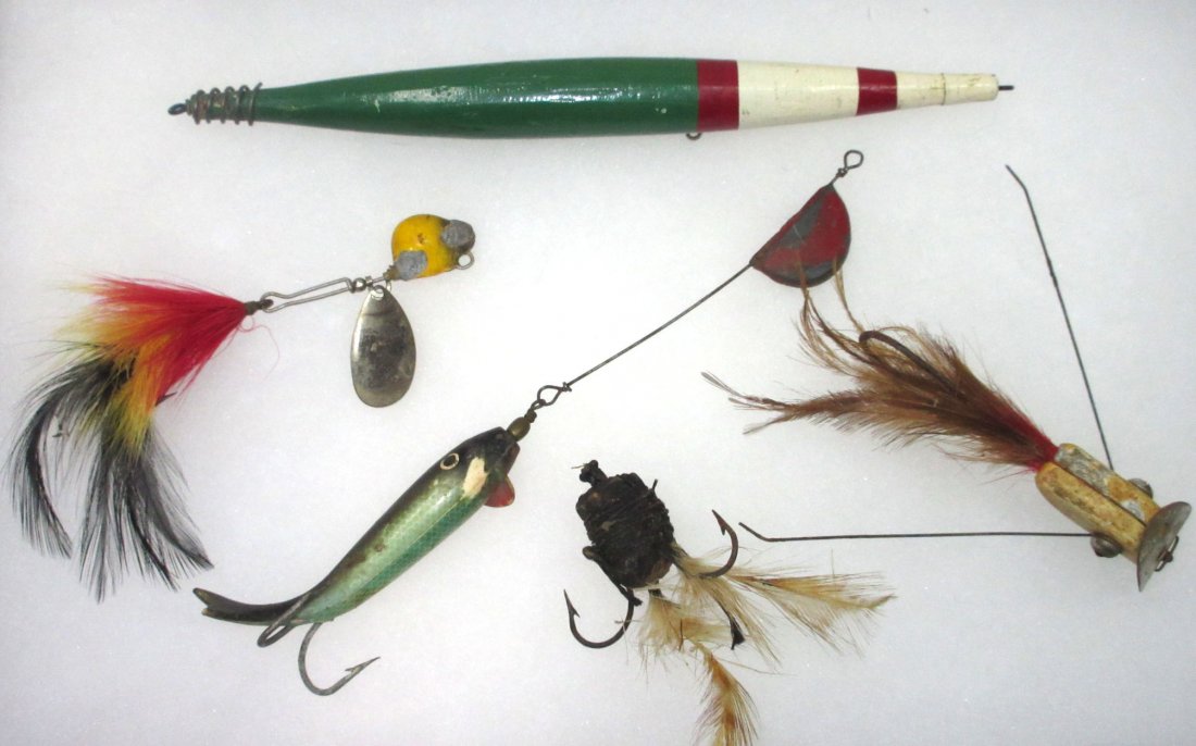 4 Odd Fishing Lures & Wood Bobber: 7 1/4" Bobber