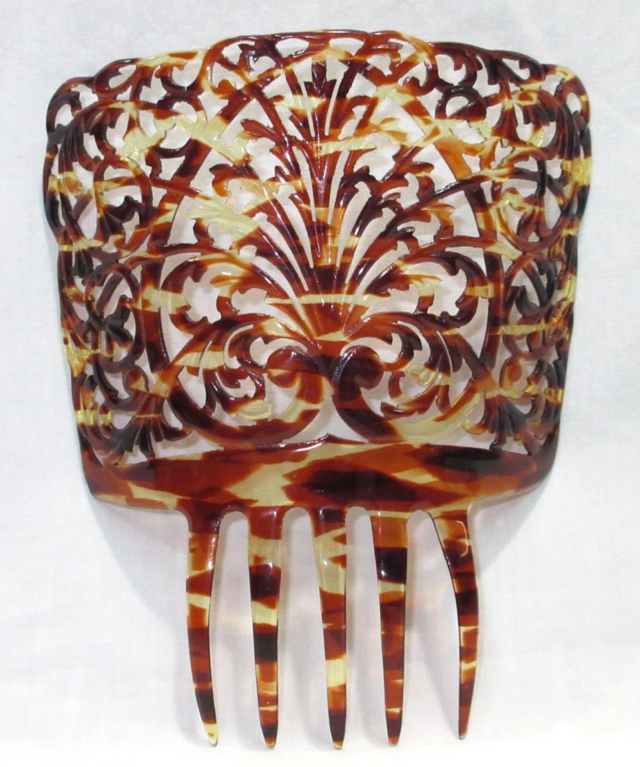 Lg. Faux Tortoise Shell Back Comb: 6 1/8" x 5 1/4" Ornate Open Work Faux Tortoise Shell Back Comb