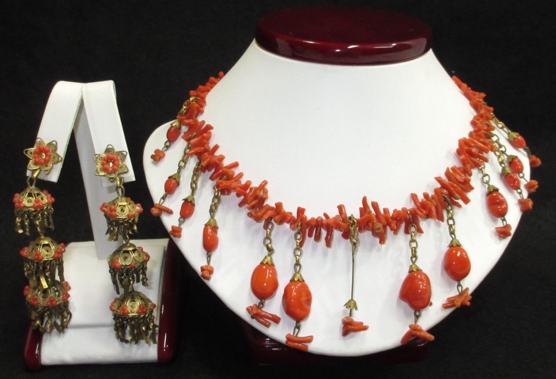 Early Branch Coral Choker & Dangle Earrings: 15" Branch Coral Choker w/ Graduated Art Glass & Coral Dangles w/ Thumb Clasp & 3" Brass Filigree & Coral Bead Chandelier Screw Back Earrings.