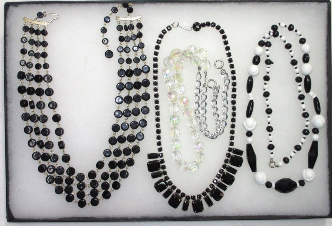 Black/White Glass & Lucite Bead Necklaces: Inc. 24" Blk/Wh Mod Glass Bead Necklace. AB Crystal Bead Neck. Black Rhin. Choker & Multi-Strand Lucite Necklace