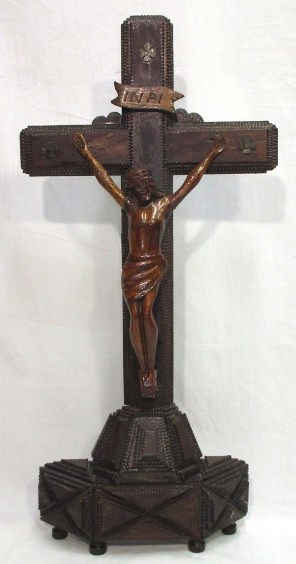 Tramp Art Crucifix w/ Hand Carved Jesus: 26 1/2"T x 12 3/4"W x 2 3/4"D
