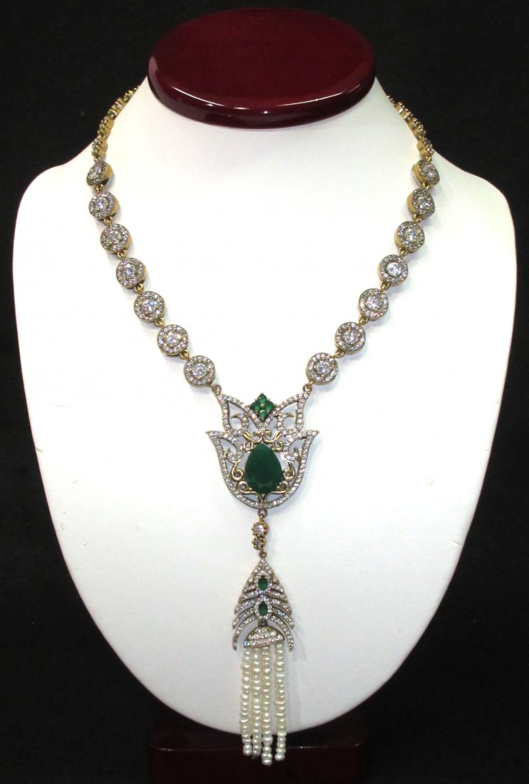 Sterling , Emerald, & Marcasite Necklace: 16 1/2"- 20" L