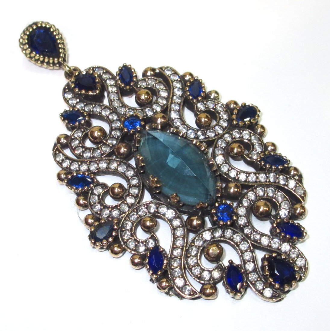 Silver, Sapphire, & Marcasite Pendant: 3 3/8" x 1 7/8"