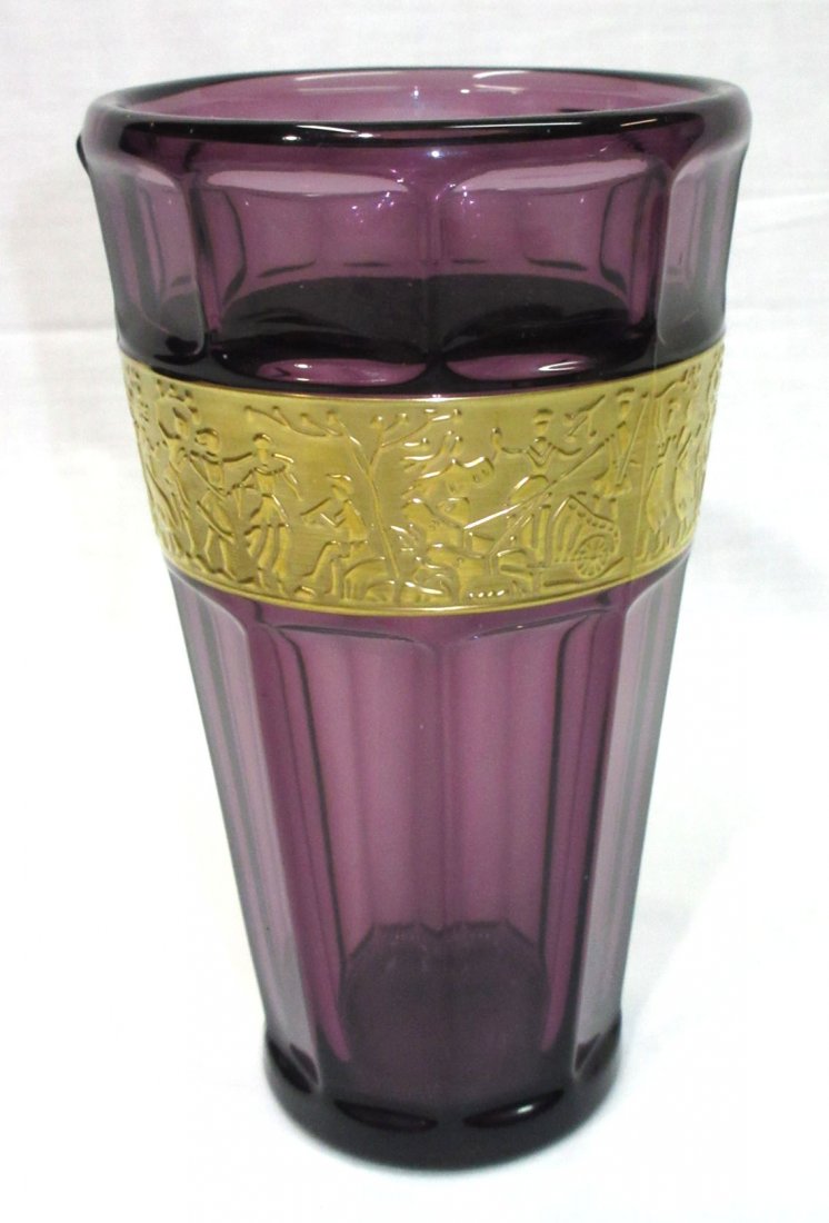 Amethyst Bohemian Vase w/Gilded Band: 6 3/4"