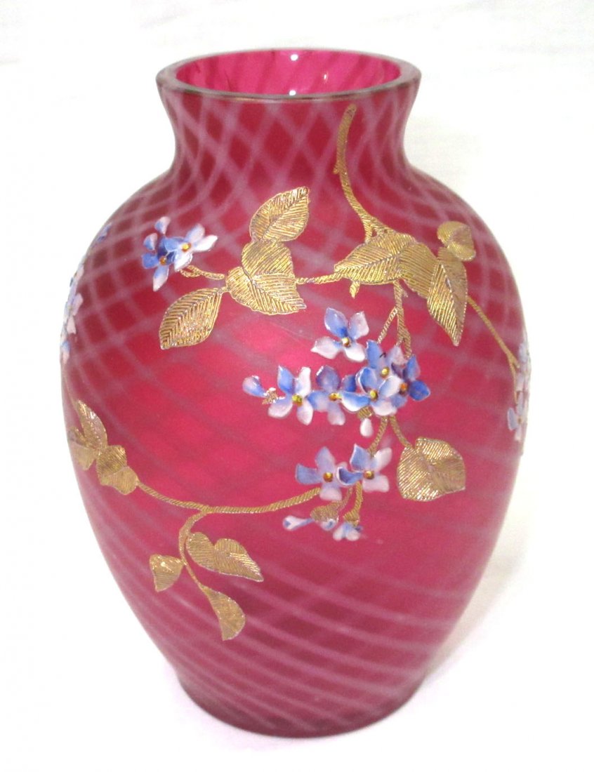 Enameled Cranberry Opal. Vase Sgnd (1 of 4)