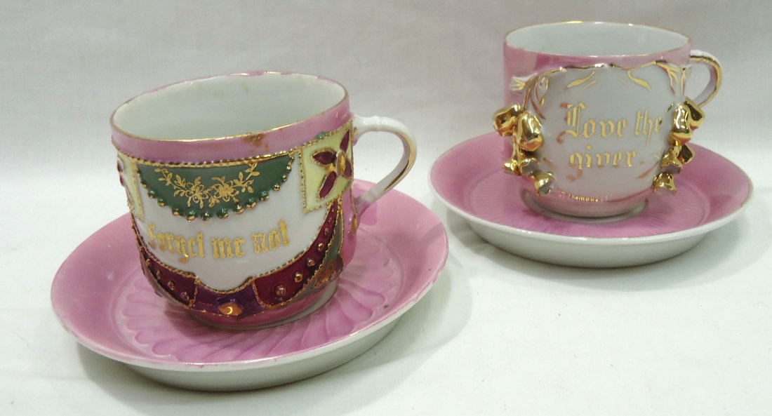 2 Victorian HP Shaving Mugs: 3" Cups, 6" Saucer