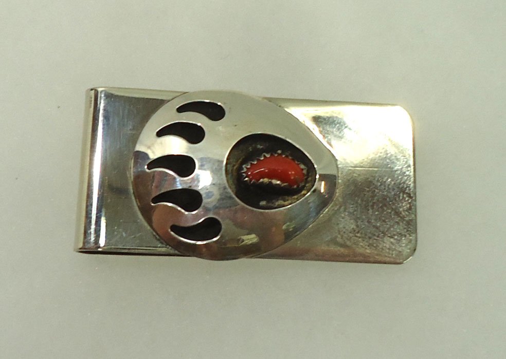 Navajo Sterling Coral Money Clip: 2 1/8" By Virginia John
