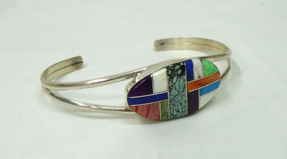 Sterling Inlaid Bracelet: 2 1/4" Opening- By Arnold Yazzie