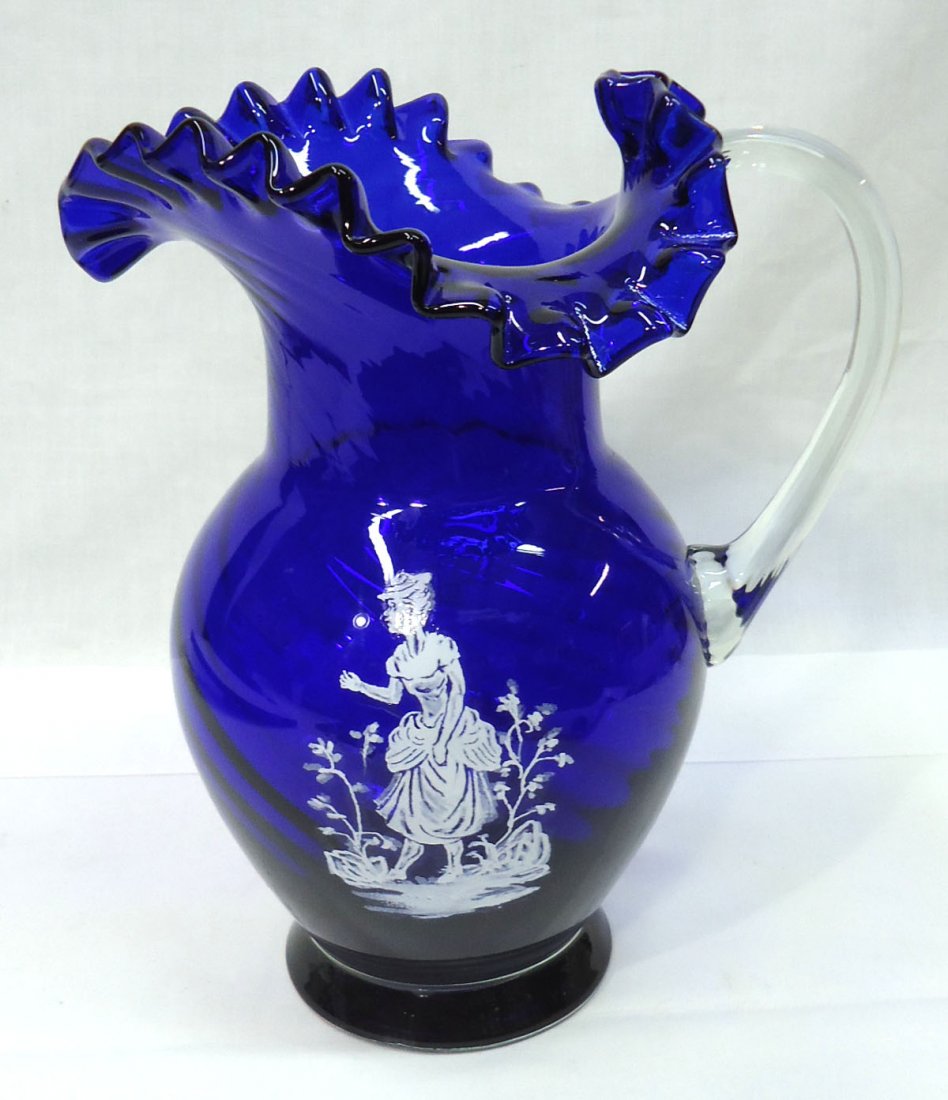 Mary Gregory Style Cobalt Pitcher: 9 3/4"T x 9"W w/ Handle