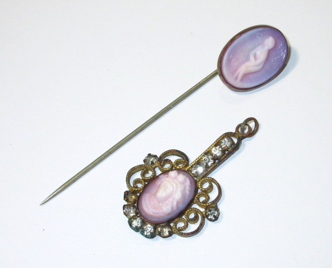 Vict. Lavender Glass Cameo Stick Pin & Pendant (1 of 5)