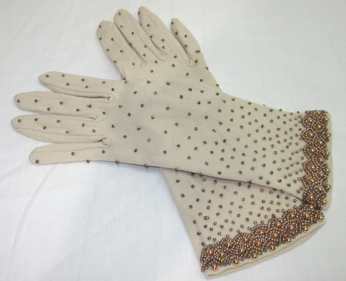 Lovely Hand Beaded Gloves: Size Small Stretch Hand Beaded Gloves.