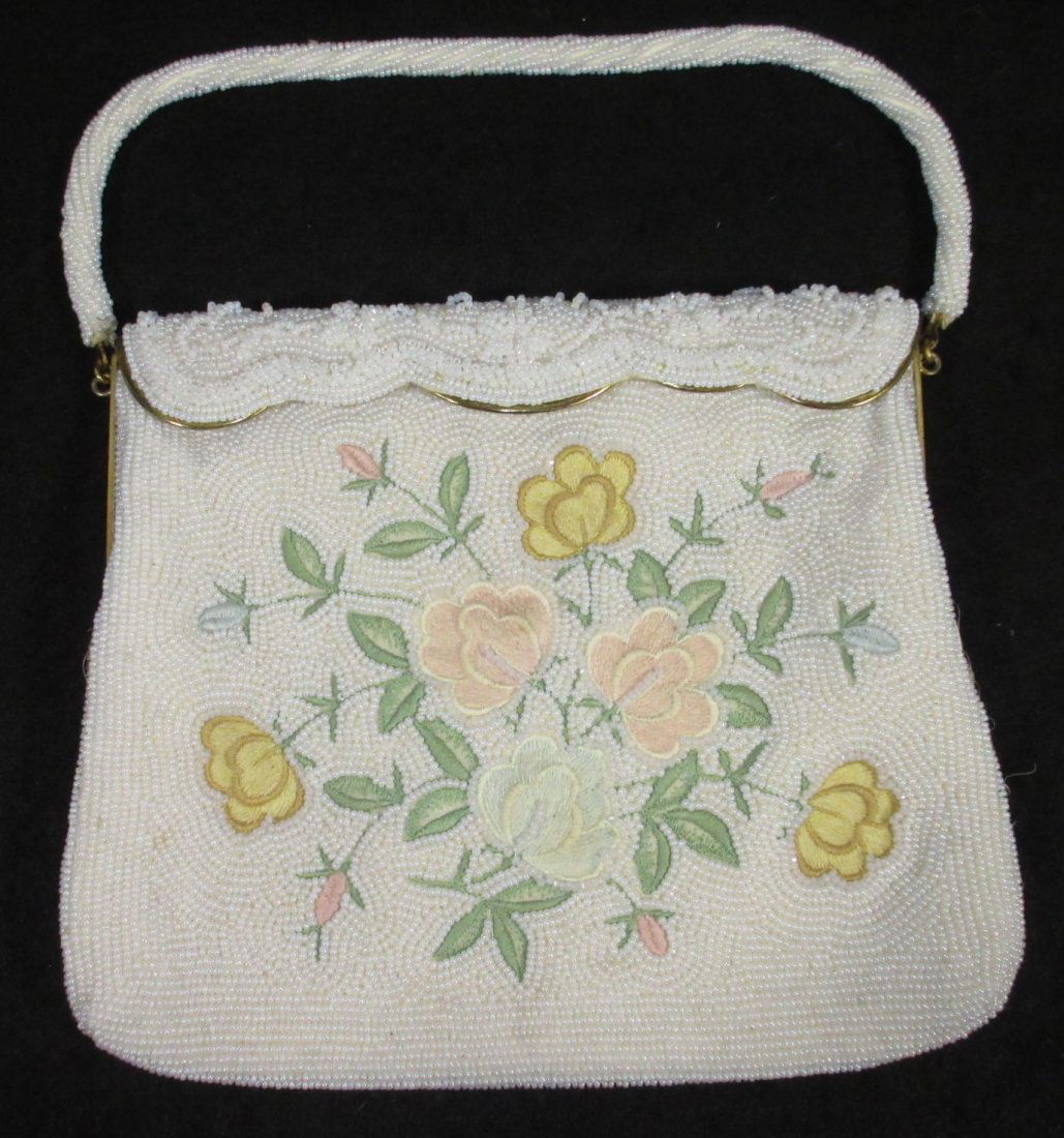 1940's White Seed Bead, Floral Embroidered Bag (1 of 4)