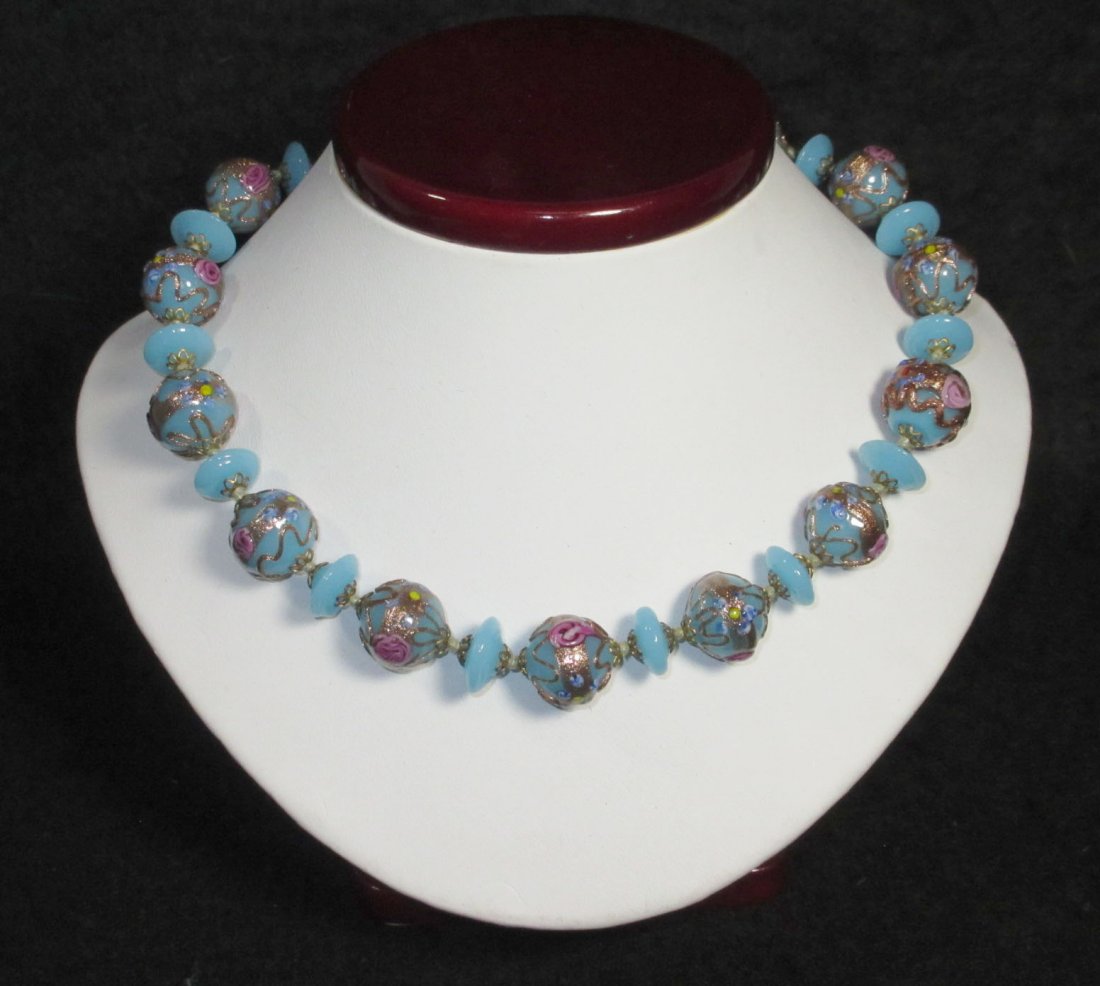 Beautiful Blue Wedding Cake Bead H.T.'d Choker: 13 1/2" w/ 2" Ext. Blue Glass Wedding Cake Bead, Hand Tied Choker.